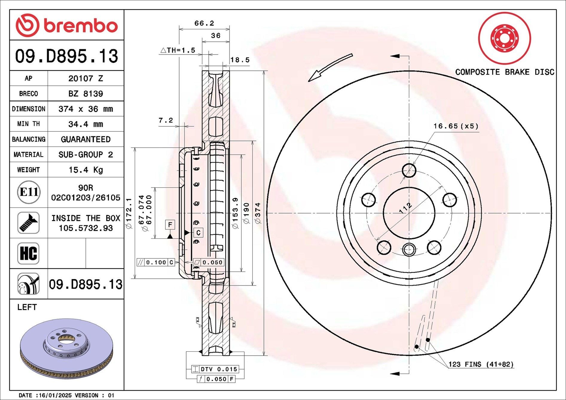 BREMBO 09.D895.13: Piduriketas PRIME LINE - Composite Ø: 374mm, sisemine õhutus, kaheosaline piduriketas, Alumiiniumist pidurikettakamber, Ø: 374mm, kaetud, koos kruvidega