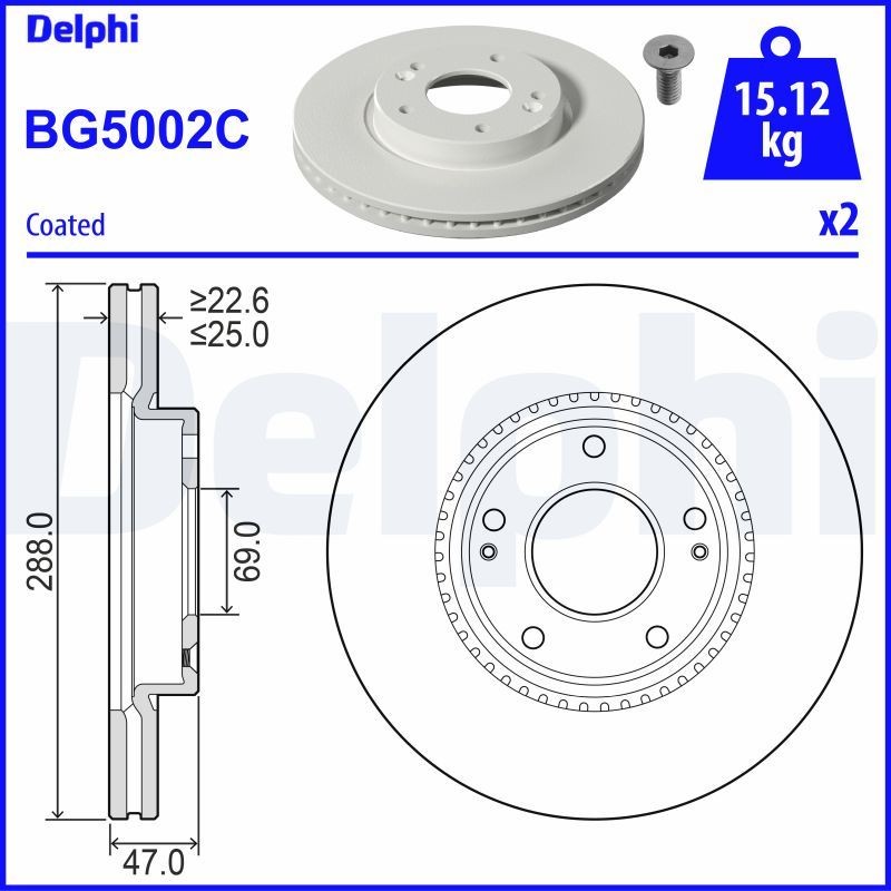 DELPHI BG5002C: Piduriketas Ø: 288mm, õhutusega, Ø: 288mm, kaetud