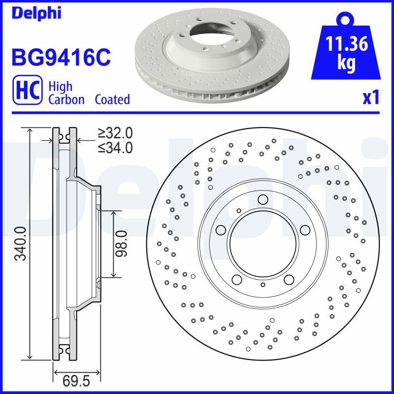 DELPHI BG9416C: Piduriketas Ø: 340mm, õhutusega, perforeeritud, Ø: 340mm, kaetud