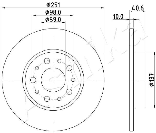 ASHIKA 61-00-0211: Disc de frână puntea spate, Ř: 251mm, plin, Ř: 251mm