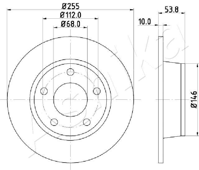 ASHIKA 61-00-0914: Disc de frână puntea spate, Ř: 255mm, plin, Ř: 255mm
