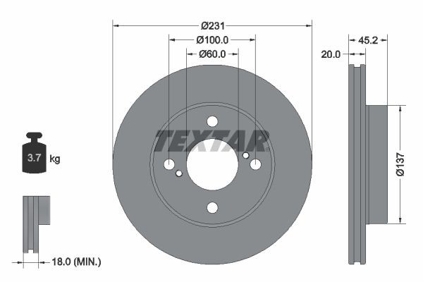 TEXTAR 92309403: Piduriketas PRO Ø: 231mm, sisemine õhutus, Ø: 231mm, kaetud, ilma rattakeskmeta, ilma rattalaagrita, ilma rattakinnituspoltideta