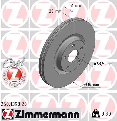 ZIMMERMANN 250.1398.20: Disc de frână COAT Z Ř: 316mm, ventilat interior, Ř: 316mm, acoperit (cu un strat protector)