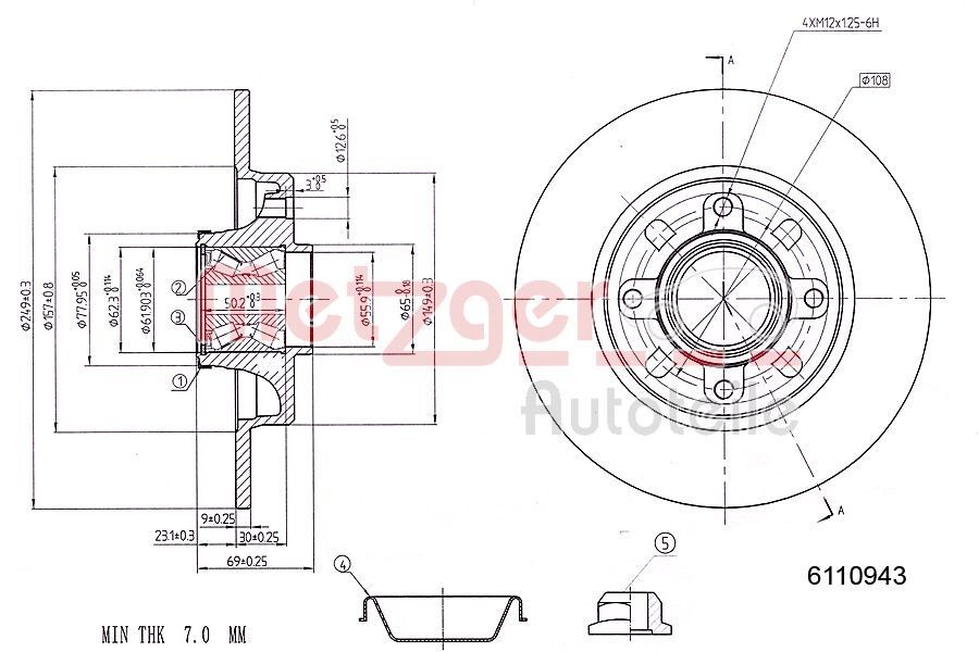 METZGER 6110943: Piduriketas Tagasild, Ø: 249mm, täis, Ø: 249mm, värvitud, Ristlihvimine, koos integreeritud rattalaagriga