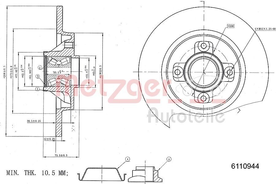 METZGER 6110944: Piduriketas GREENPARTS Tagasild, Ø: 268mm, täis, Ø: 268mm, värvitud, Ristlihvimine, koos integreeritud rattalaagriga, koos integreeritud magnetilise anduriga