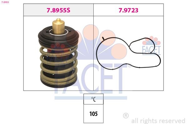 FACET 7.8955: Termostaat, Jahutusvedelik Made in Italy - OE Equivalent 105°C, koos tihendiga