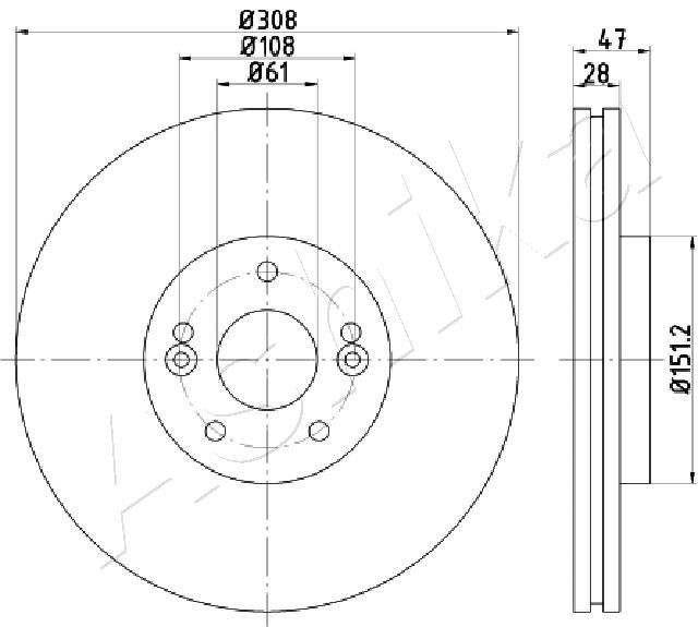 ASHIKA 60-00-0713: Piduriketas Esisild, Ø: 308mm, õhutusega, Ø: 308mm