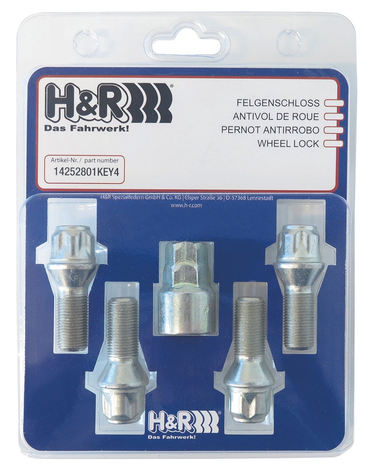 H&R 1452601KEY4: Turvapoldid Wheel-Lock set M14 taper head 60°
