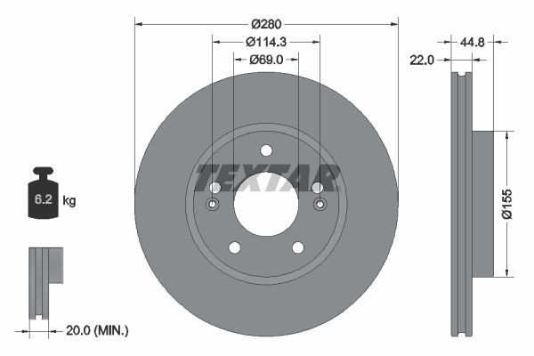 TEXTAR 92314703: Piduriketas PRO Ø: 280mm, sisemine õhutus, Ø: 280mm, kaetud, ilma rattakeskmeta, ilma rattalaagrita, ilma rattakinnituspoltideta