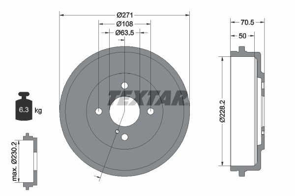 TEXTAR 94045600: Tambur frana 271mm, fara butuc roata, fara rulment roata, fara suruburi de fixare roata
