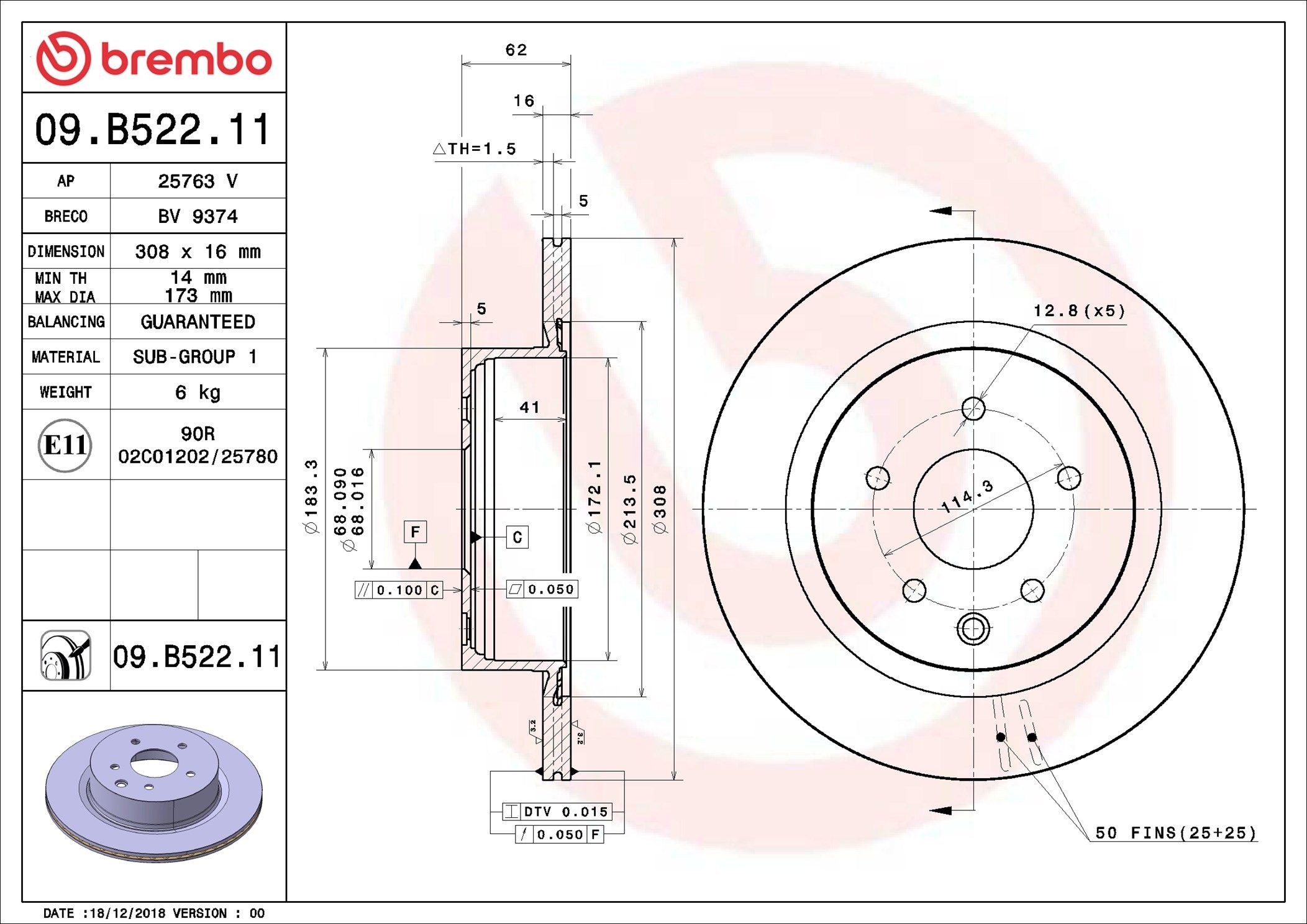 BREMBO 09.B522.11: Disc de frână PRIME LINE - UV Coated Ř: 308mm, ventilat interior, Ř: 308mm, acoperit (cu un strat protector)