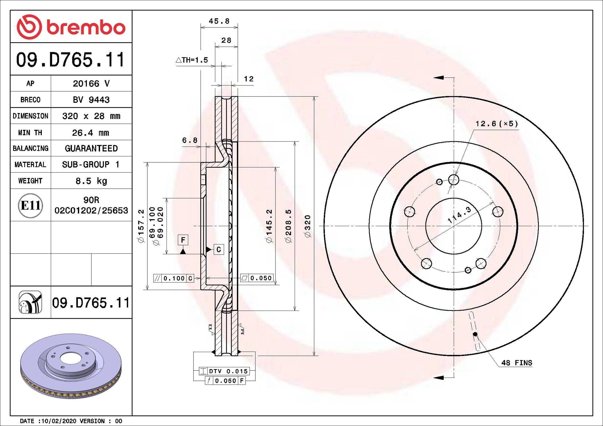 BREMBO 09.D765.11: Disque de frein PRIME LINE - UV Coated Ø: 320mm, ventilé de l'intérieur, Ø: 320mm, revêtu