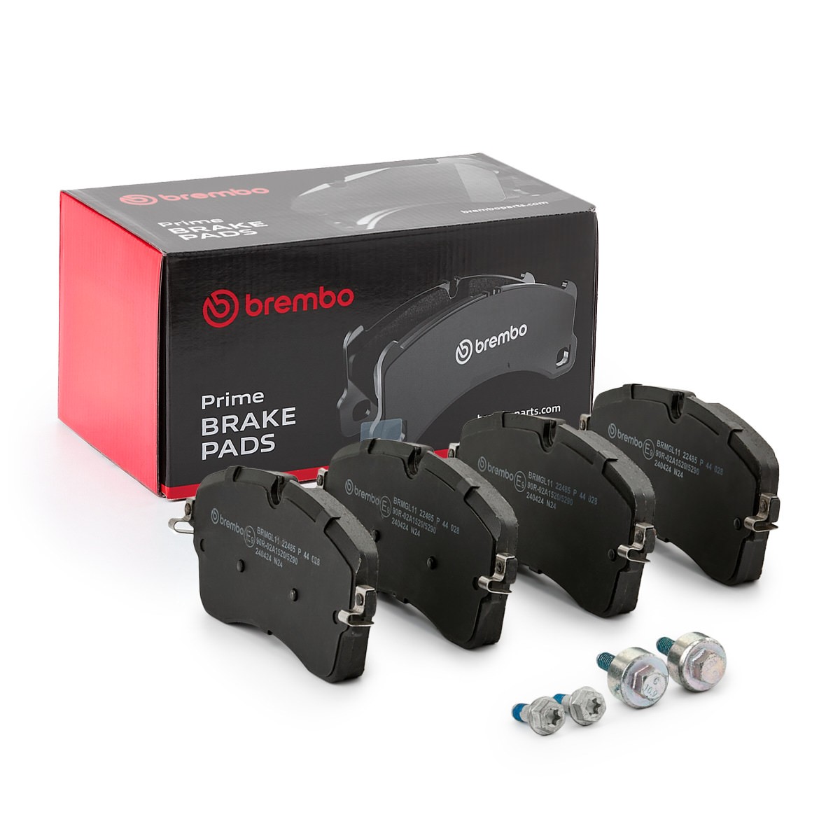 BREMBO P 44 028: Jarrupalat, levyjarru PRIME LINE Tarvikkeilla, Jarrusatulan ruuveilla, Huudonvaimennuspellillä