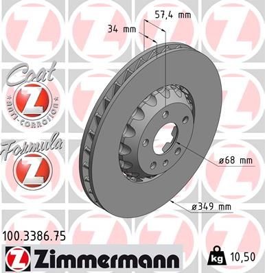ZIMMERMANN 100.3386.75: Disc de frână FORMULA Z Ř: 349mm, ventilat, disc de frână din două părți, disc de frână flotant, Disc de frână tip oală din aluminiu, Ř: 349mm, acoperit (cu un strat protector)