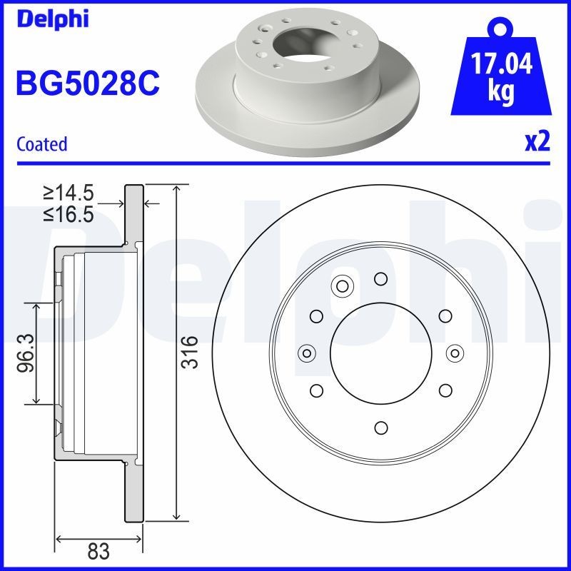 DELPHI BG5028C: Piduriketas Ø: 316mm, täis, Ø: 316mm, kaetud