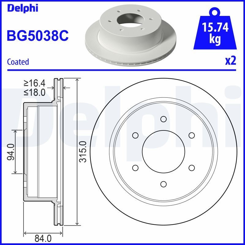 DELPHI BG5038C: Piduriketas Ø: 315mm, õhutusega, Ø: 315mm, kaetud