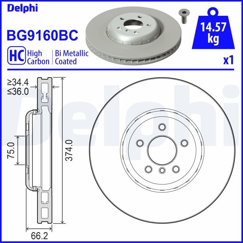 DELPHI BG9160BC: Brzdový kotouč R: 374mm, větráno, dvoudílný brzdový kotouč, R: 374mm, nátěr