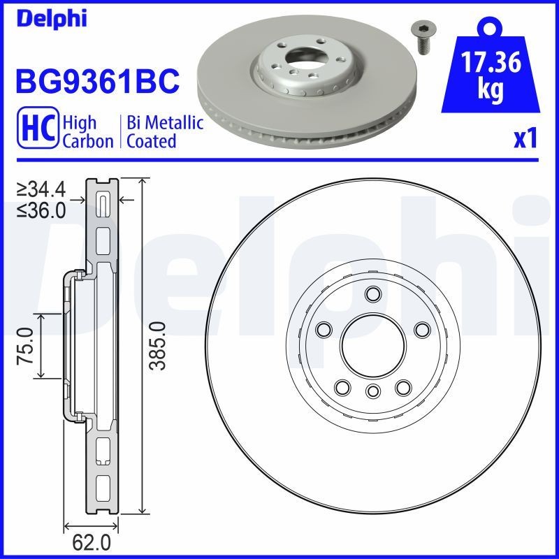 DELPHI BG9361BC: Piduriketas Ø: 385mm, õhutusega, kaheosaline piduriketas, Ø: 385mm, kaetud