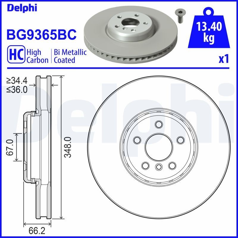 DELPHI BG9365BC: Bremseskive Ø: 348mm, ventileret, todelt bremseskive, Ø: 348mm, coatet, med hjulleje