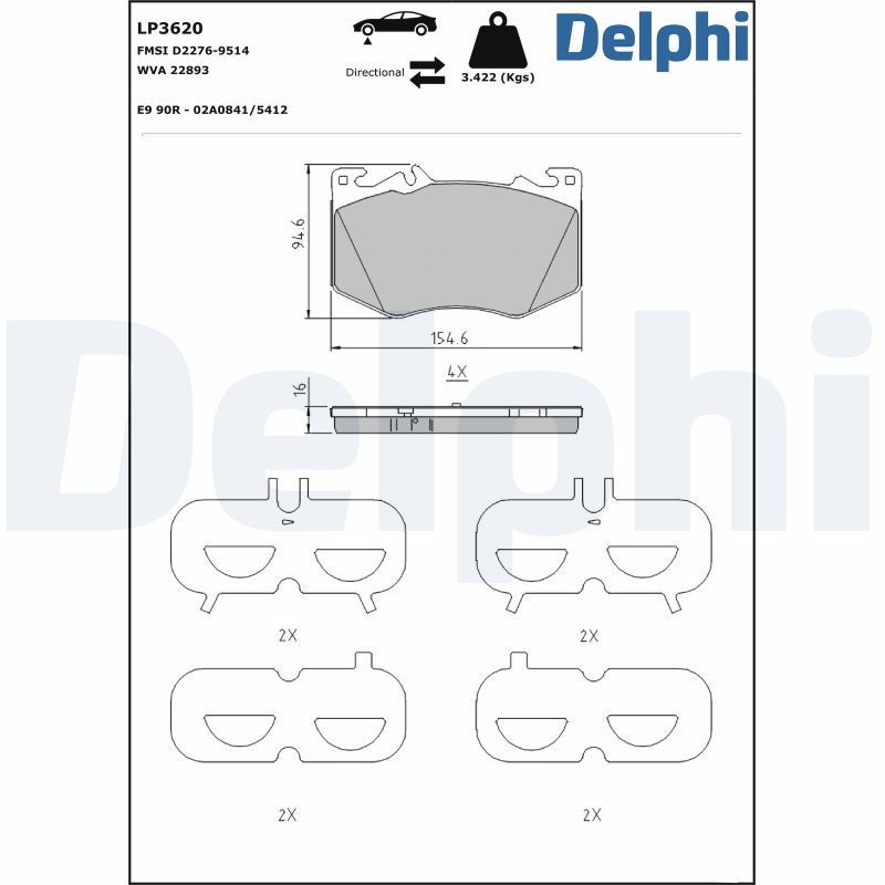 DELPHI LP3620: Piduriklotsid koos lisadega, koos kokkusurumisvastase plekiga