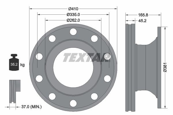 TEXTAR 93322500: Disc de frână Ř: 410mm, ventilat interior, Ř: 410mm, fara butuc roata, fara rulment roata, fara suruburi de fixare roata