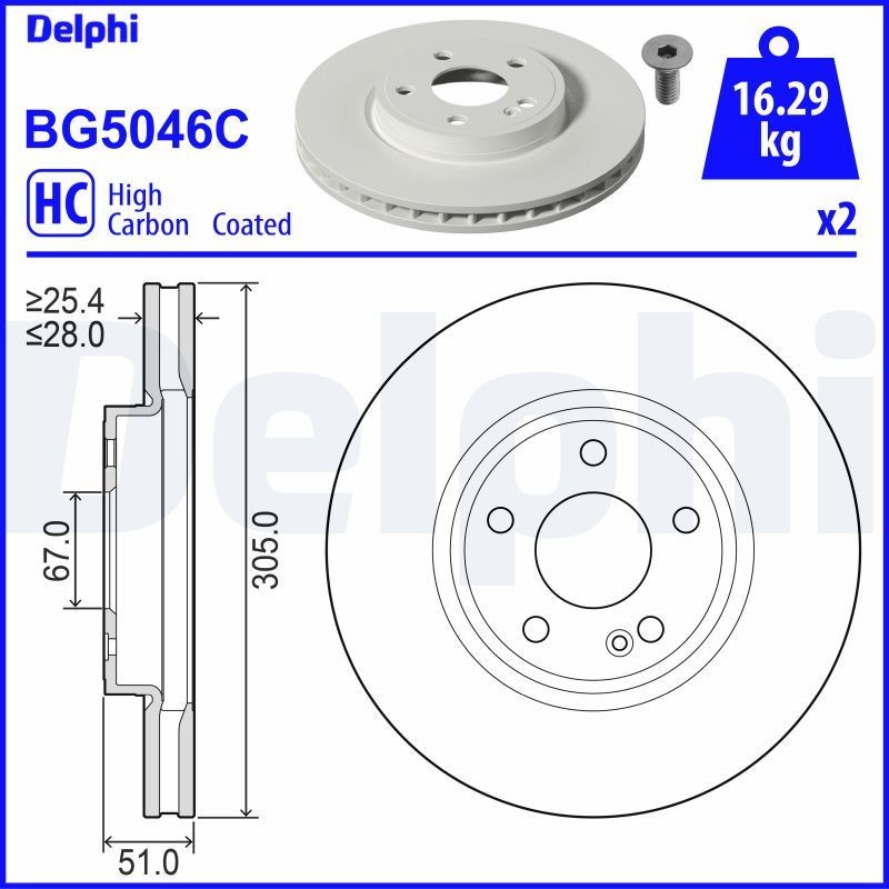 DELPHI BG5046C: Piduriketas Ø: 305mm, õhutusega, Ø: 305mm, kaetud
