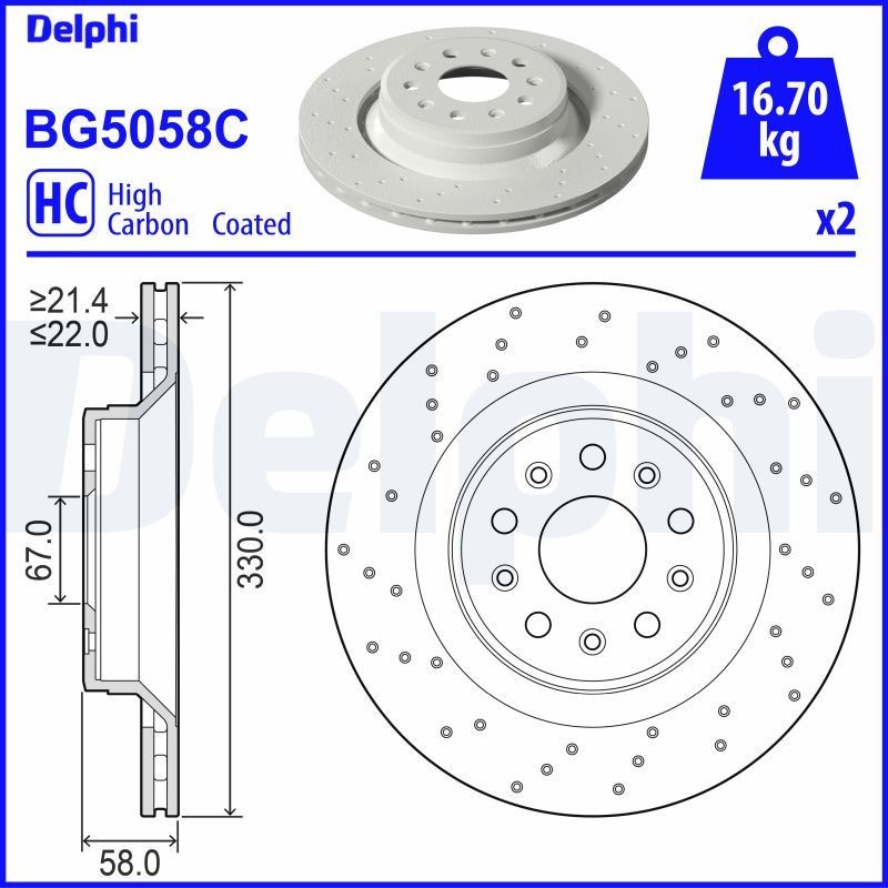 DELPHI BG5058C: Stabdžių diskas Ø: 330mm, ventiliuojama, perforuota, Ø: 330mm, padengta