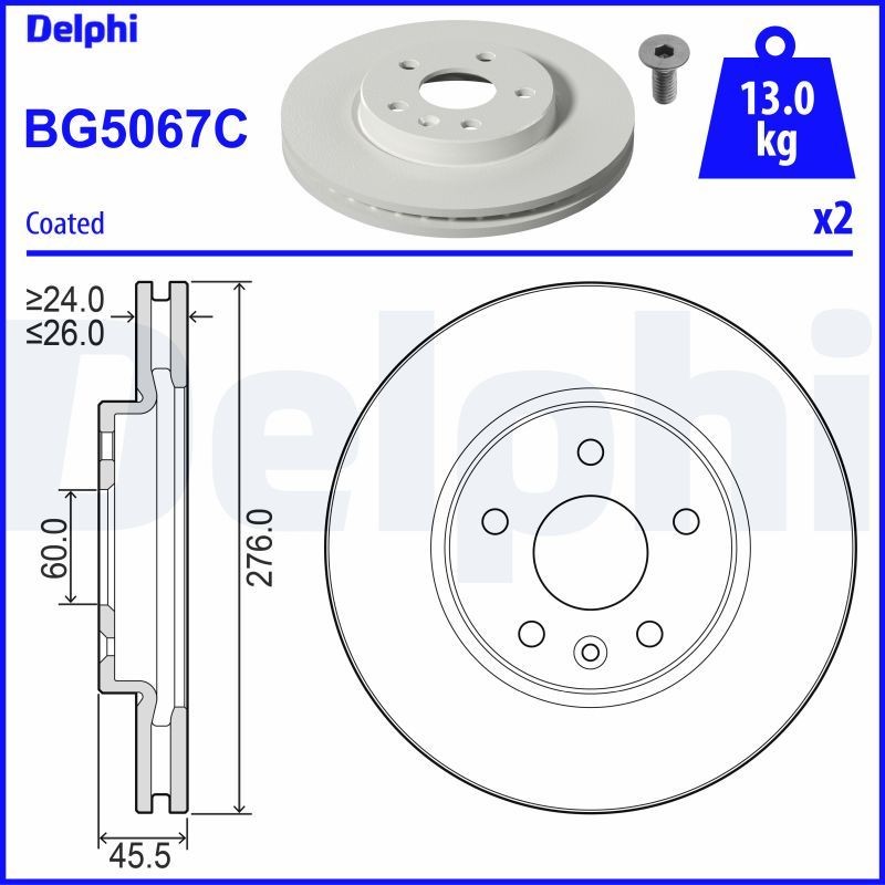 DELPHI BG5067C: Stabdžių diskas Ø: 276mm, ventiliuojama, Ø: 276mm, padengta