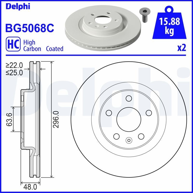 DELPHI BG5068C: Piduriketas Ø: 296mm, õhutusega, Ø: 296mm, kaetud