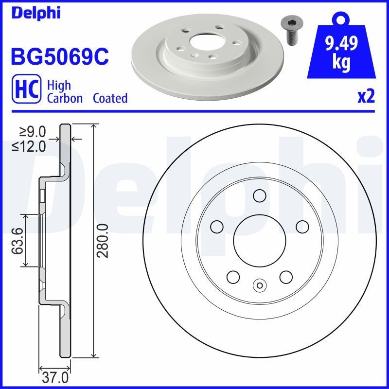 DELPHI BG5069C: Stabdžių diskas Ø: 280mm, visiškai, Ø: 280mm, padengta, su rato guoliu