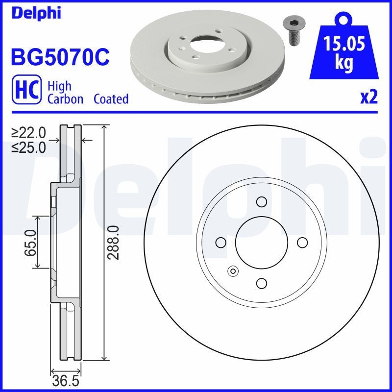 DELPHI BG5070C: Δισκόπλακα Ø: 288mm, αεριζόμενο, Ø: 288mm, με επίστρωση