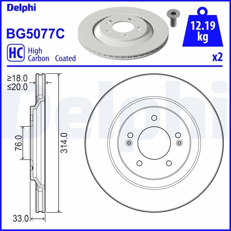 DELPHI BG5077C: Disc de frână Ř: 314mm, ventilat, Ř: 314mm, acoperit (cu un strat protector)
