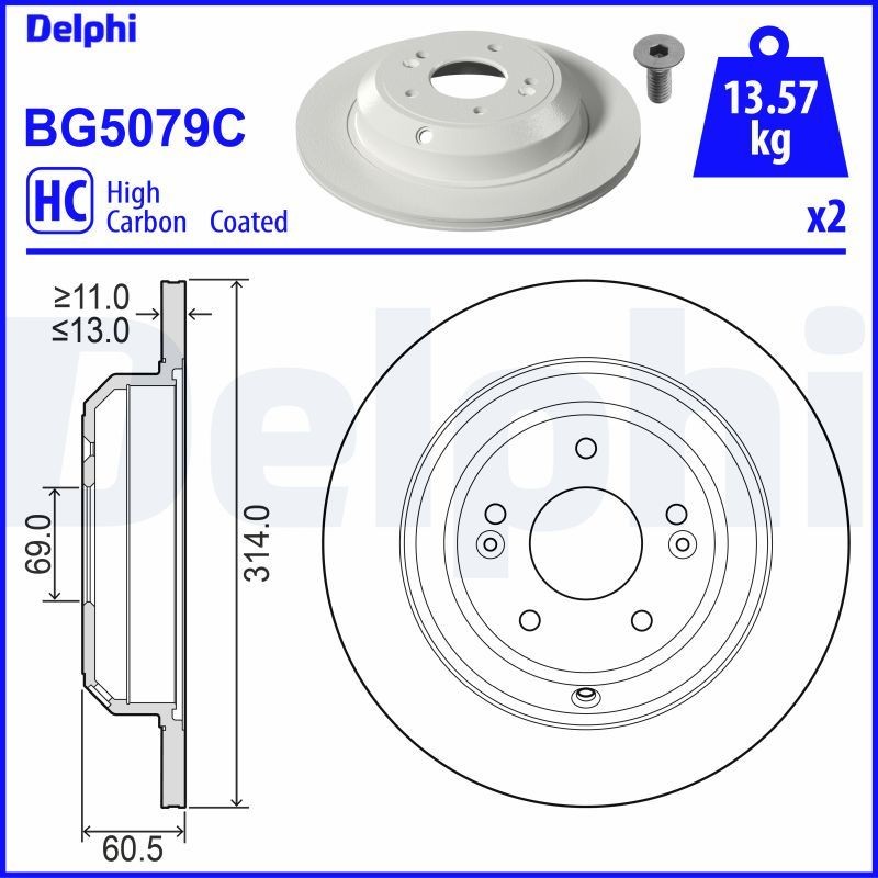 DELPHI BG5079C: Bremseskive Ø: 314mm, fuldstændigt, Ø: 314mm, coatet