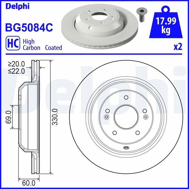 DELPHI BG5084C: Stabdžių diskas Ø: 330mm, ventiliuojama, Ø: 330mm, padengta