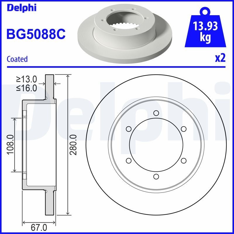 DELPHI BG5088C: Bremseskive Ø: 280mm, fuldstændigt, Ø: 280mm, coatet