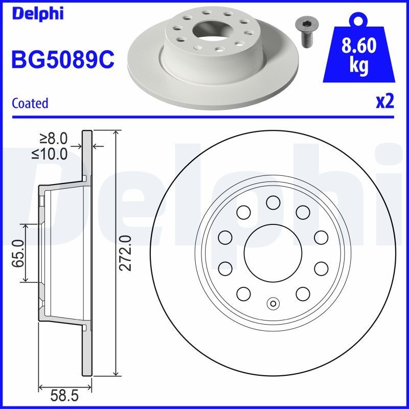 DELPHI BG5089C: Спирачен диск Ø: 272mm, плътен, Ø: 272mm, с покритие