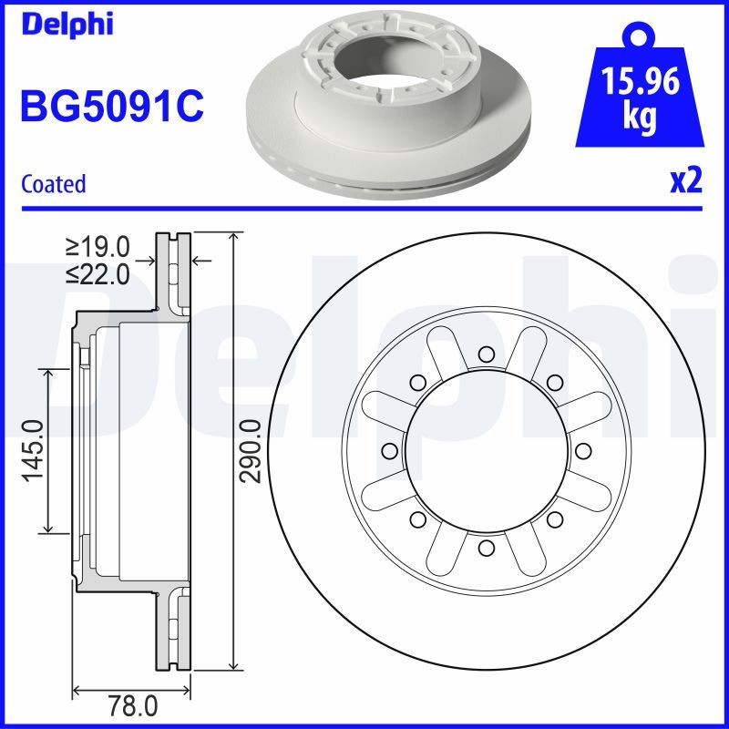 DELPHI BG5091C: Disco freno Ø: 290mm, ventilato, Ø: 290mm, rivestito