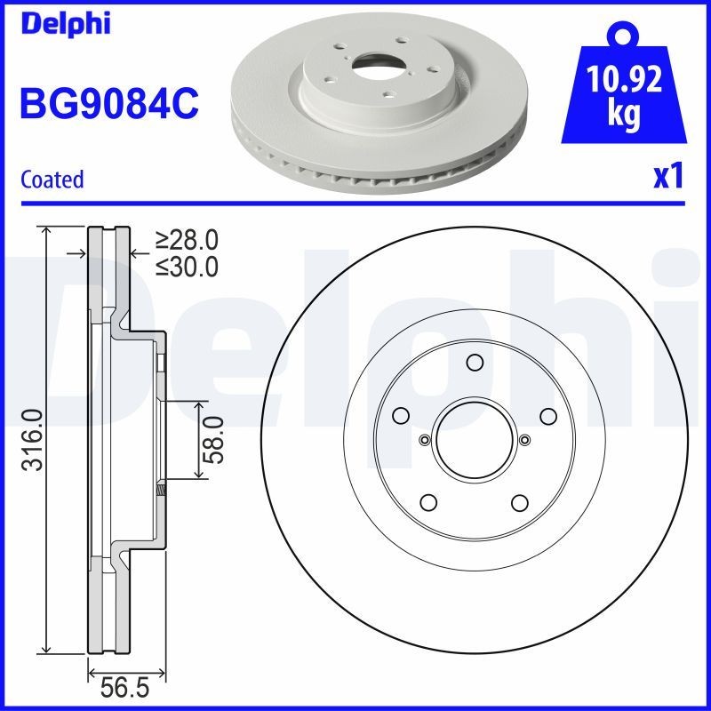 DELPHI BG9084C: Jarrulevy Ø: 316mm, Tuuletettu, Ø: 316mm, pinnoitettu
