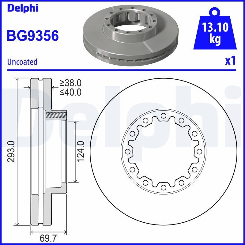 DELPHI BG9356: Piduriketas Ø: 293mm, õhutusega, Ø: 293mm, õlitatud