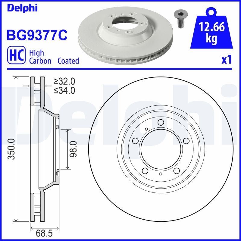 DELPHI BG9377C: Stabdžių diskas Ø: 350mm, ventiliuojama, Ø: 350mm, padengta
