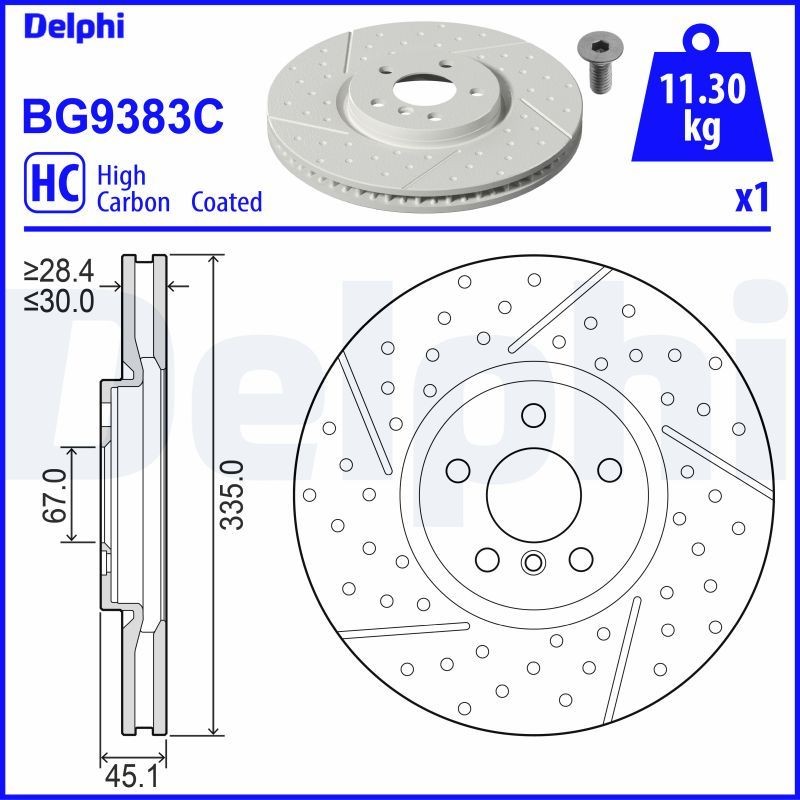 DELPHI BG9383C: Disc de frână Ř: 335mm, ventilat, perforat, cu fante/perforat, Ř: 335mm, acoperit (cu un strat protector)
