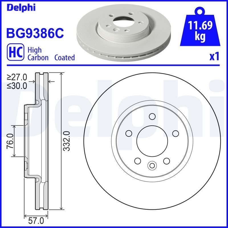 DELPHI BG9386C: Piduriketas Ø: 332mm, õhutusega, Ø: 332mm, kaetud