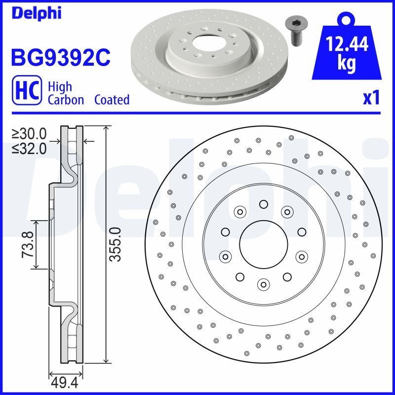 DELPHI BG9392C: Disco freno Ø: 355mm, ventilato, forato, Ø: 355mm, rivestito
