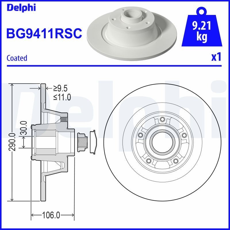 DELPHI BG9411RSC: Piduriketas Ø: 290mm, täis, Ø: 290mm, kaetud, koos rattalaagriga, koos ABS-andurirõngaga