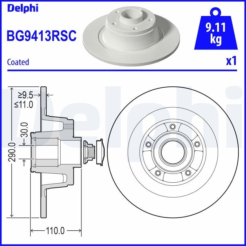 DELPHI BG9413RSC: Stabdžių diskas Ø: 290mm, visiškai, Ø: 290mm, padengta, su rato guoliu, su ABS jutiklio žiedu