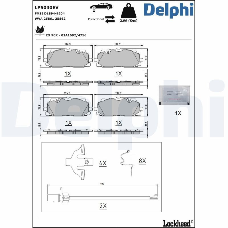 DELPHI LP5030EV: Piduriklotsid koos lisadega, koos kokkusurumisvastase plekiga