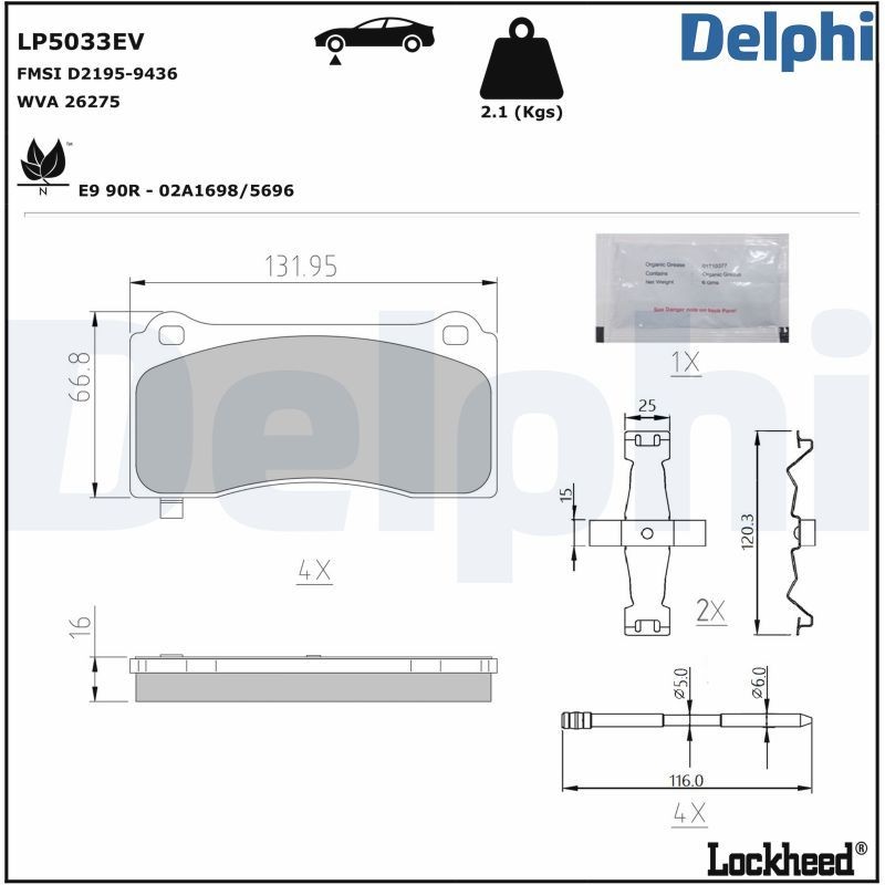 DELPHI LP5033EV: Piduriklotsid koos lisadega, koos kokkusurumisvastase plekiga