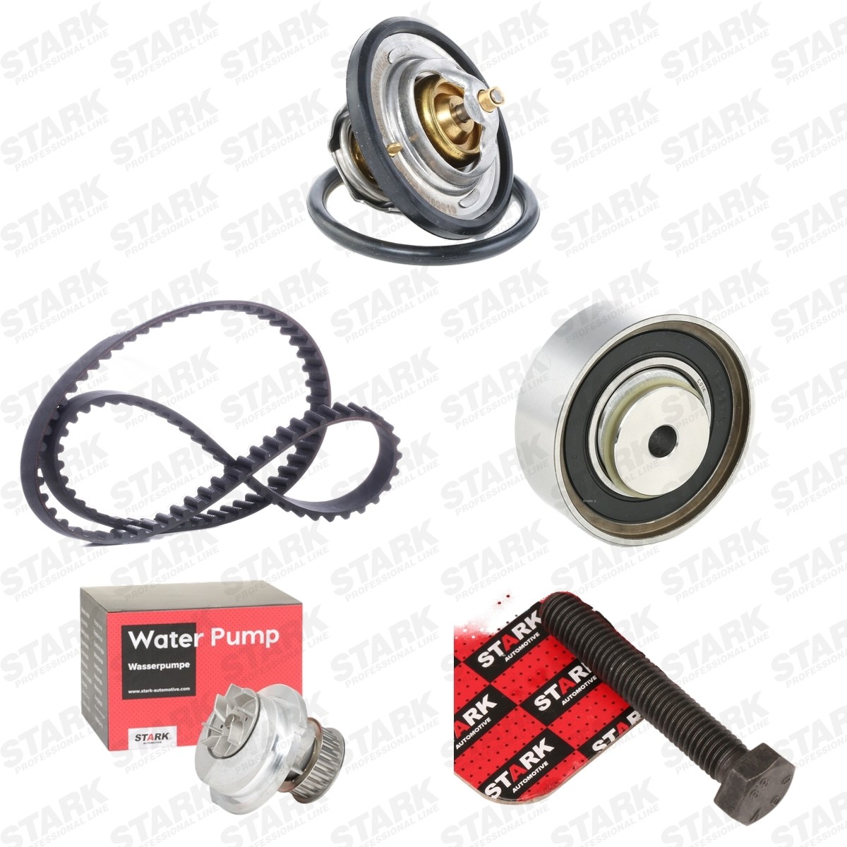 STARK SKWPT-0750370: Kamremssats med vattenpump Kuggar: 111, B: 17,00mm, med påbyggnads-/fästmaterial, med vattenpump, med termostat