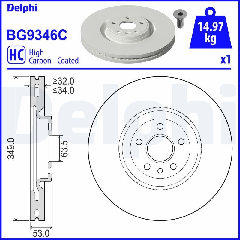 DELPHI BG9346C: Disc de frână Ř: 349mm, ventilat, Ř: 349mm, acoperit (cu un strat protector)