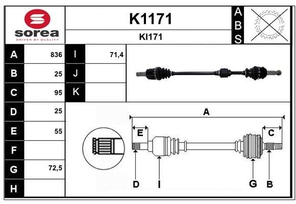 SNRA K1171: Arbre de transmission 836mm